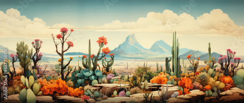 Kaktusy i pustynne kwiaty na pustyni.  photo