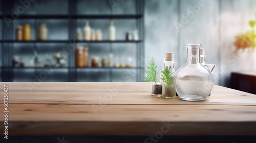 Genetic laboratory of agriculture science. Table top with glass bottles and plants. Copy space