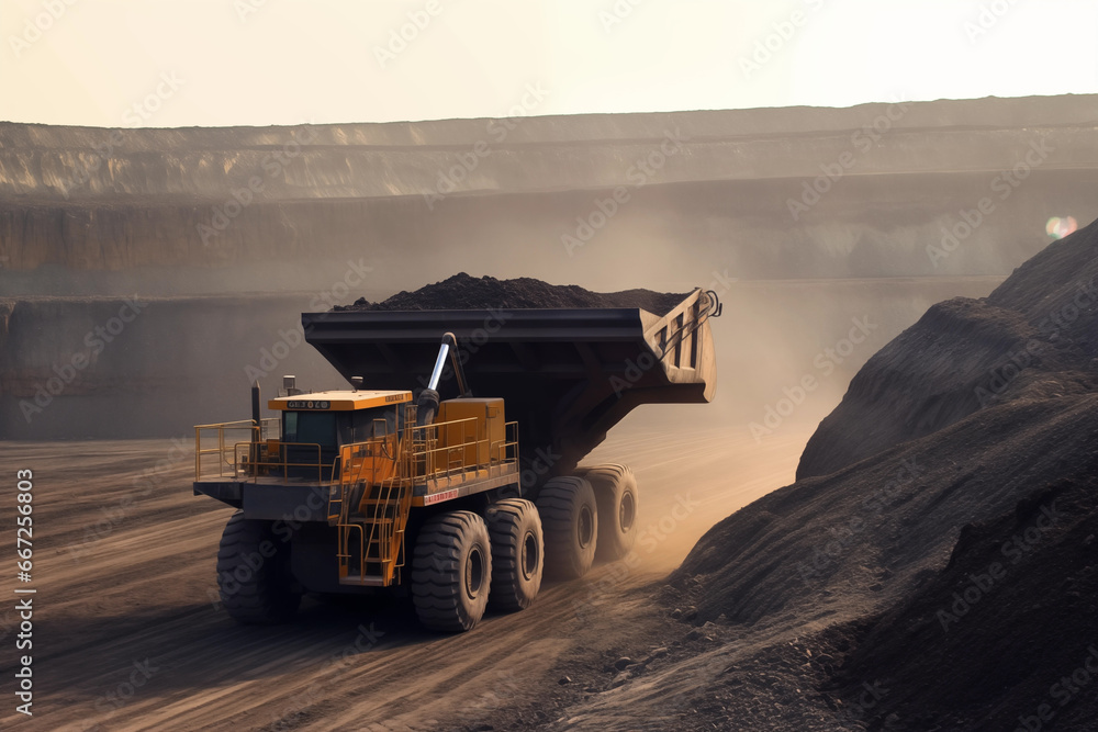 Mining truck in opencast on sunset. Electric EV futuristic mining truck in open-pit. Haul truck with bucket. Electric dump truck in a quarry during mining, future concept. AI Generative Illustration Mining truck in opencast on sunset. Electric EV futuristic mining truck in open-pit. Haul truck with bucket. Electric dump truck in a quarry during mining, future concept. AI Generative Illustration
