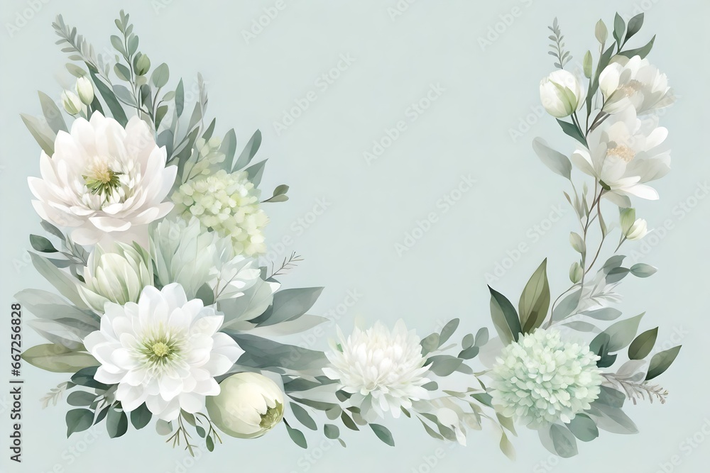 Silver sage green and white flowers vector design spring herbal bouquet. Ivory peony, dahlia, tulip, hydrangea, eucalyptus, greenery. Wedding floral garland. Pastel watercolor. Isolated and editable  