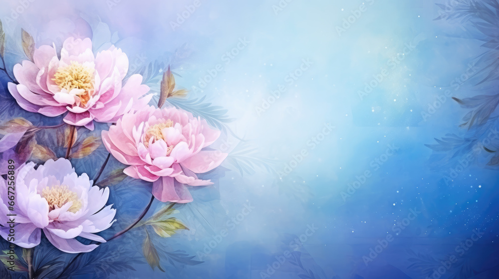 AI generation. Hand drawn illustration with peony flowers on blue background.