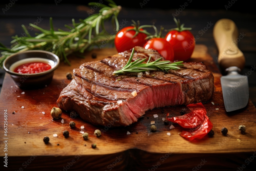 Raw organic marbled beef steaks with spices on a wooden cutting board on a black background.