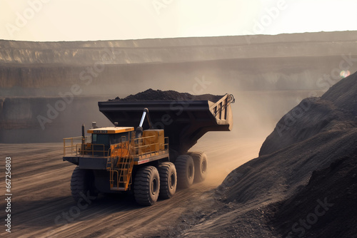 Mining truck in opencast on sunset. Electric EV futuristic mining truck in open-pit. Haul truck with bucket. Electric dump truck in a quarry during mining, future concept. AI Generative Illustration