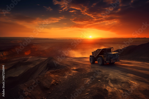 Mining truck in opencast on sunset. Electric EV futuristic mining truck in open-pit. Haul truck with bucket. Electric dump truck in a quarry during mining, future concept. AI Generative Illustration © MaxSafaniuk