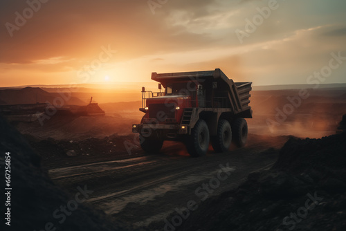 Mining truck in opencast on sunset. Electric EV futuristic mining truck in open-pit. Haul truck with bucket. Electric dump truck in a quarry during mining, future concept. AI Generative Illustration © MaxSafaniuk
