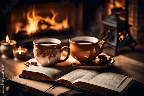 Cup of tea and book near fireplace at home. Cozy atmosphere 