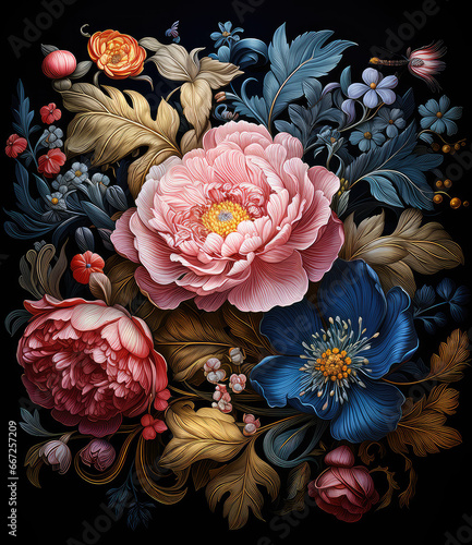 obraz przedstawiający kolorowe kwiaty róży wśród kolorowych kwiatów na ciemnym tle