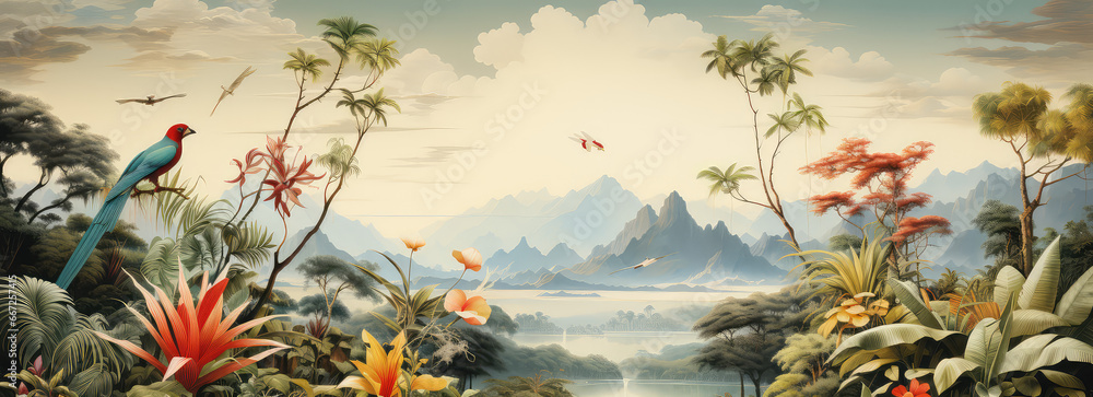 Obraz na płótnie Egzotyczny krajobraz lasu tropikalnego z ptakami i górami w tle.  w salonie