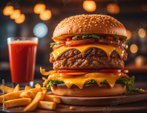 The fresh and delicious cheeseburger with fries on a table against blurred Restaurant background. photo