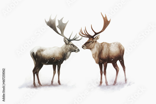 Wallpaper Mural two horned reindeer, Merry Christmas card. Generative Ai Torontodigital.ca