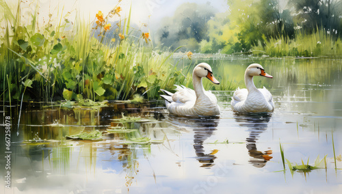 Akwarelowy obraz przedstawiający kaczki na jeziorze. 