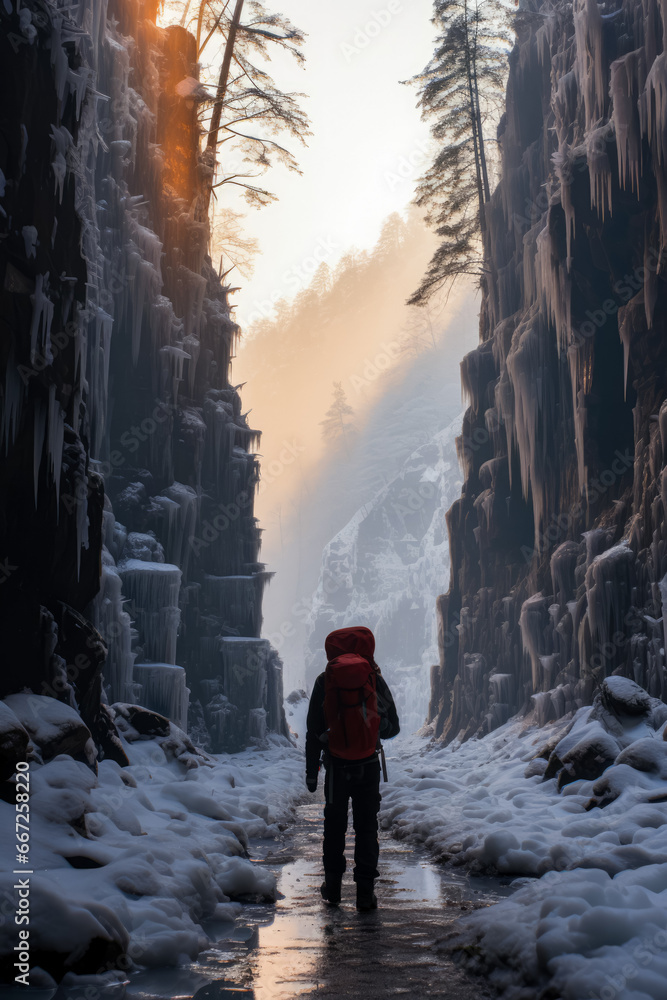 Frozen solitude: fearless climber navigates serene yet treacherous icy waterfall 