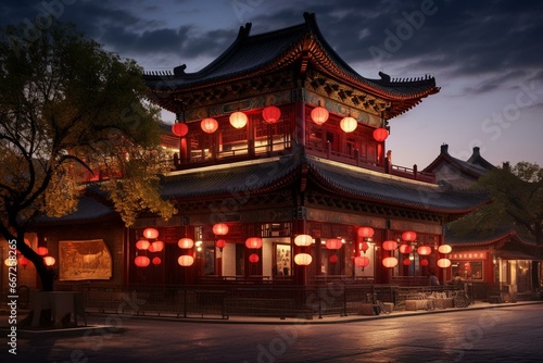 Ancient Chinese red building in Beijing during evening hours. Generative AI