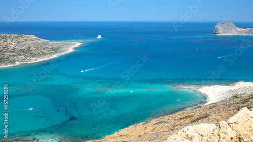 Beautiful Balos lagoon beach landscape famous beach turquoise waters in Crete, Greek Islands © jordieasy