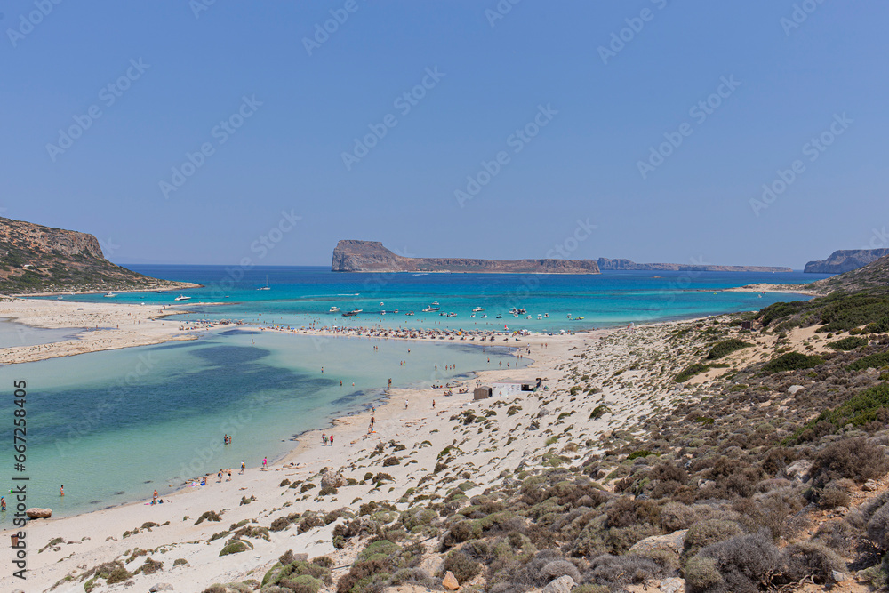 Beautiful Balos lagoon beach landscape famous beach turquoise waters in Crete, Greek Islands