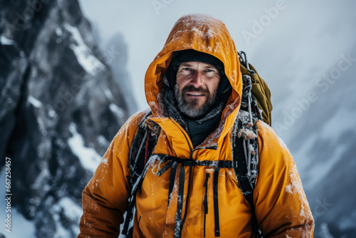 Mountaineer geared up with essential safety equipment for frozen waterfall ascent 