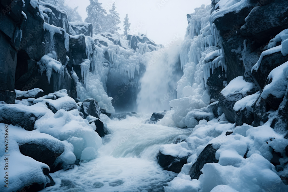 Snowy waterfall climbing scene in extreme weather background with empty space for text Snowy waterfall climbing scene in extreme weather background with empty space for text