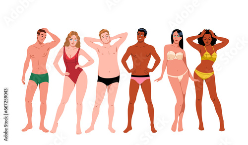 Cartoon beach people group. Summer sea vacationers, happy guys and girls in swimsuits on seashore, friends relax and sunbathe, travel on tropical resort isolated tidy png concept