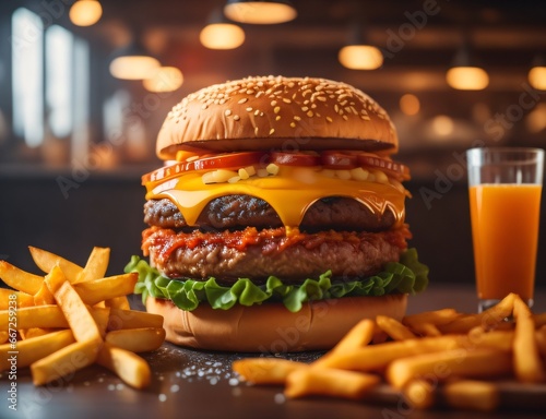 The fresh and delicious cheeseburger with fries on a table against blurred Restaurant background. photo