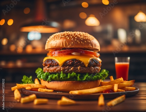 The fresh and delicious cheeseburger with fries on a table against blurred Restaurant background. photo