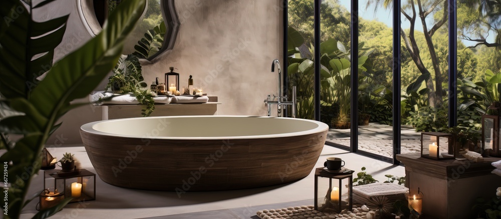 Bathroom with large window oval bathtub earth tones and relaxing elements like plants candles and bubble bath for luxurious self care and wellness