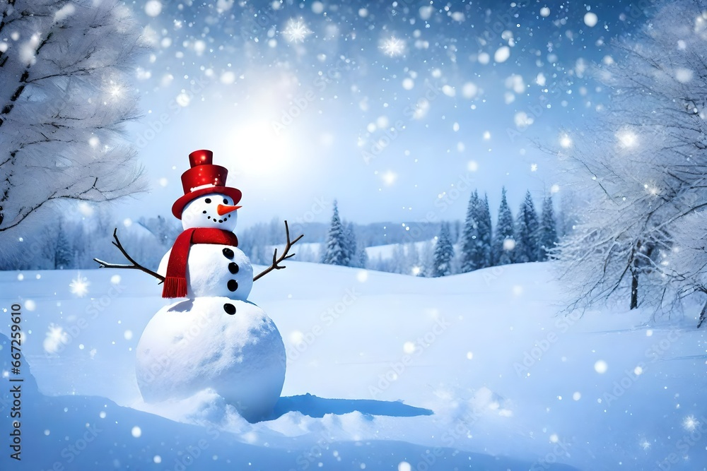 Merry christmas and happy new year greeting card with copy-space.Happy snowman standing in winter christmas landscape.Snow background 