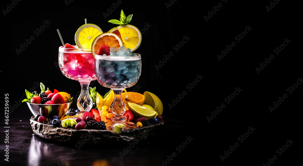 Set of Vibrant Fruit Virgin Cocktails Mocktails Drinks Banner on Dark Background Illustration