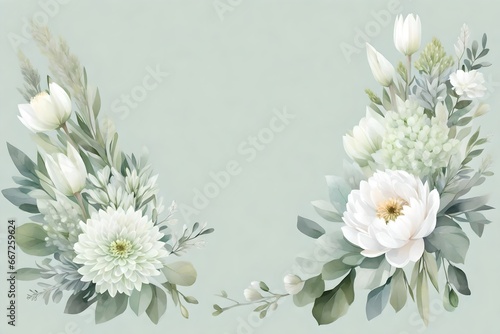 Silver sage green and white flowers vector design spring herbal bouquet. Ivory peony, dahlia, tulip, hydrangea, eucalyptus, greenery. Wedding floral garland. Pastel watercolor. Isolated and editable