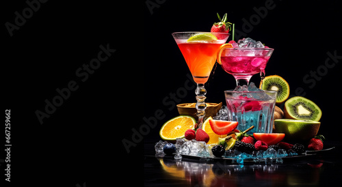 Set of Vibrant Fruit Virgin Cocktails Mocktails Drinks Banner on Dark Background Illustration