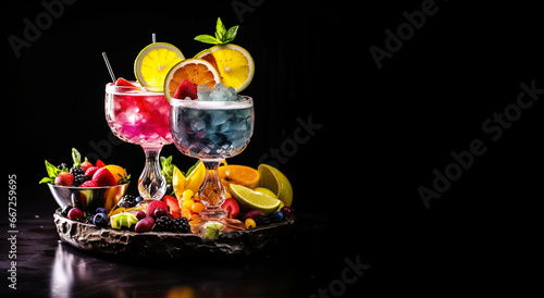 Set of Vibrant Fruit Virgin Cocktails Mocktails Drinks Banner on Dark Background Illustration
