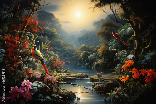 Obraz przedstawiający krajobraz egzotycznego lasu z wodospadem, kwitnącymi gałęziami drzew, rzeką, kwiatami i egzotycznymi ptakami. 