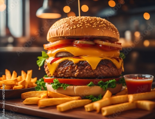 The fresh and delicious cheeseburger with fries on a table against blurred Restaurant background. photo