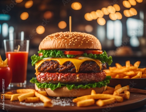 The fresh and delicious cheeseburger with fries on a table against blurred Restaurant background. photo