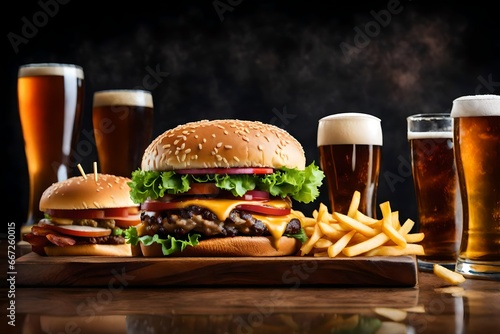 Classic Cheeseburger, Bacon Cheeseburger, French Fries and Beers 