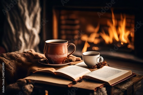 Cup of  tea and book near fireplace at home. Cozy atmosphere photo