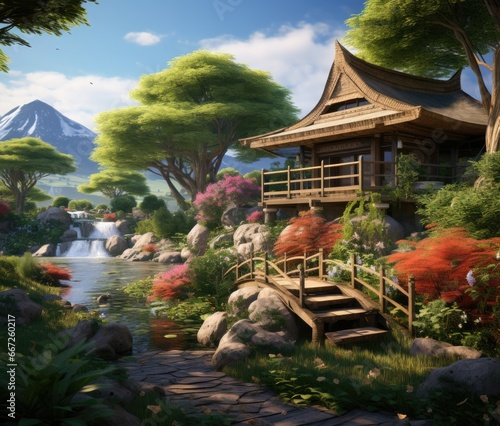 a landscaped house is shown in the garden, in the style of jessica rossier, thai art, 32k uhd, wood, eiichiro oda, southern countryside photo