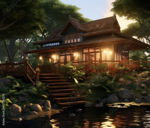 a landscaped house is shown in the garden, in the style of jessica rossier, thai art, 32k uhd, wood, eiichiro oda, southern countryside photo