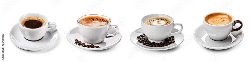 Set of white coffee cups isolated on transparent background. Generative AI Set of white coffee cups isolated on transparent background. Generative AI