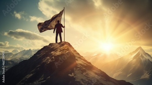 business, success, leadership, achievement and people concept - silhouette of runningman with flag on mountain top over sky and sun light background