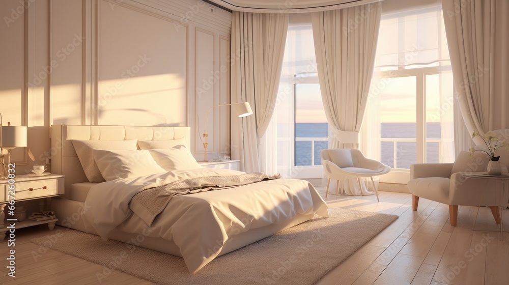 Fototapeta premium Romantic bedroom ideas Simple, elegant, classic decorating trend, light cream tone, premium quality. With a touch of luxury The morning sunlight streams diagonally through the window.