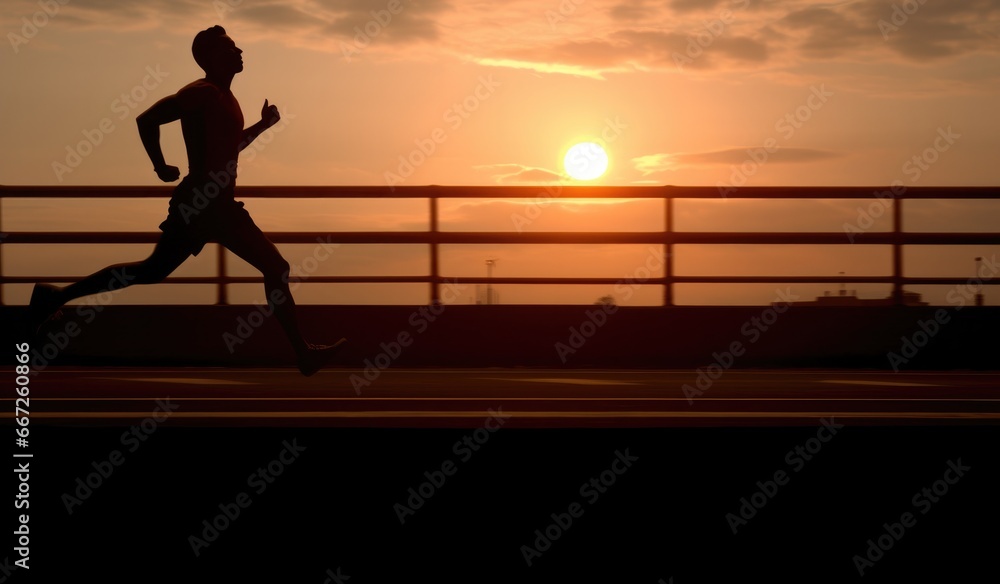 Silhouette of man running sprinting on road. Fit male fitness runner during outdoor workout with sunset background