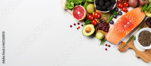 Healthy lifestyle and balanced nutrition represented by diet plan and healthy food ingredients on white table