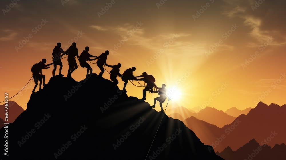 eamwork Help and assistance concept. Silhouettes of people climbing on mountain and helping