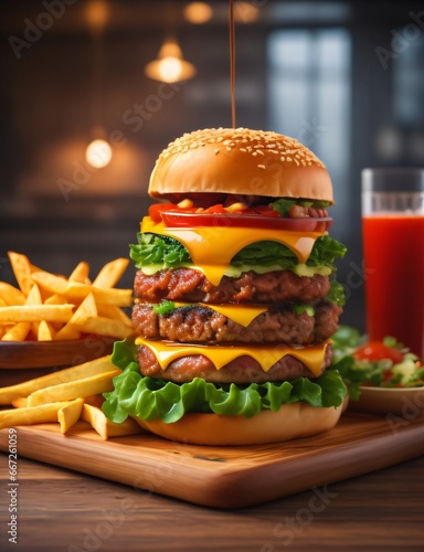 The fresh and delicious cheeseburger with fries on a table against blurred Restaurant background.