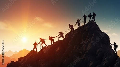 eamwork Help and assistance concept. Silhouettes of people climbing on mountain and helping photo