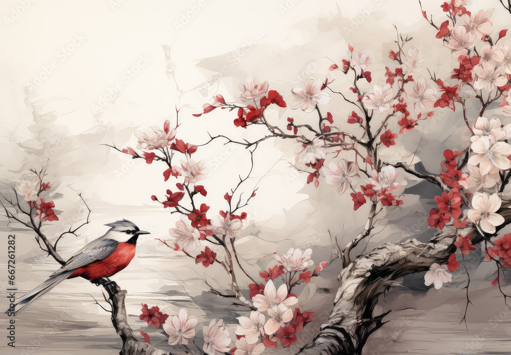Koliber siedzący na gałęzi kwitnącego drzewa.  - obrazy, fototapety, plakaty 