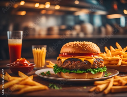 The fresh and delicious cheeseburger with fries on a table against blurred Restaurant background.