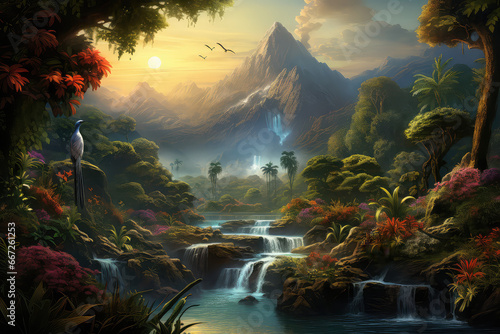 Obraz przedstawiający krajobraz egzotycznego lasu z wodospadem. 