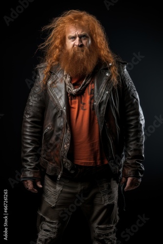 portrait of a person with lush red hair, wearing leather jacket, ai tools generated image