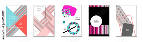 Geometric cover design, set of 5 covers. Abstract unusual background in Memphis style. Bright geometric shapes in random order
